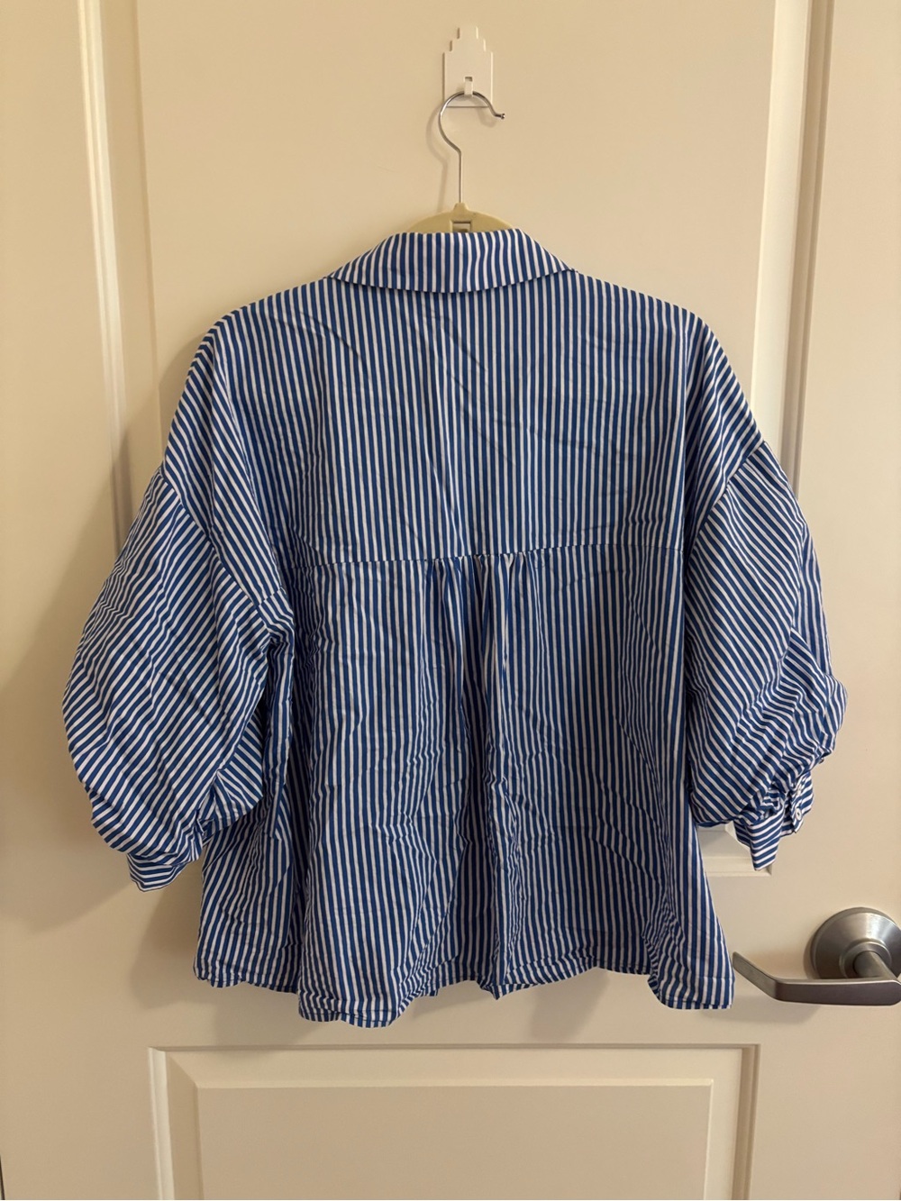 English Factory Blue and White Striped Button-Down Shirt with Puff Sleeve - Picture 4 of 4